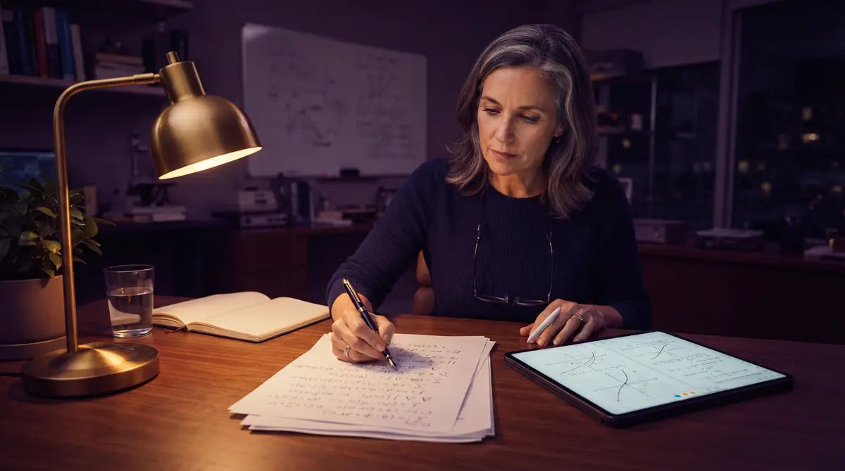 Handwritten physics proofs and a digital tablet verifying numerical calculations