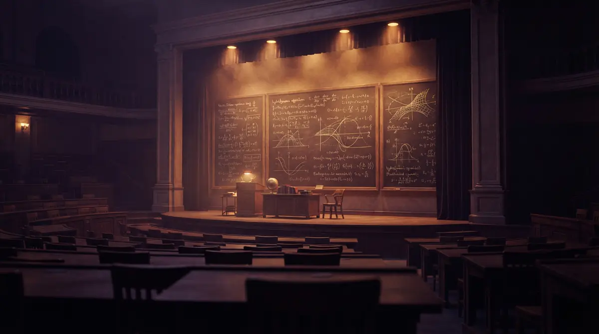An empty academic lecture hall with blackboards showing fluid mechanics and cosmology equations