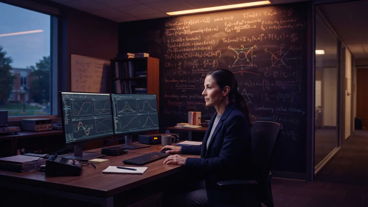 A university physics office with chalkboards covered in complex formulas and a workstation displaying numerical calculations