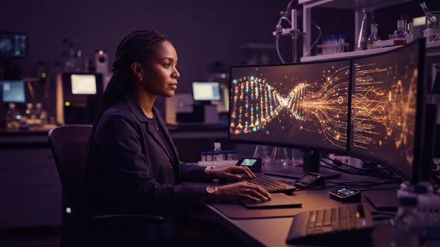 Illustration of a computational genomics laboratory with digital representations of DNA sequences