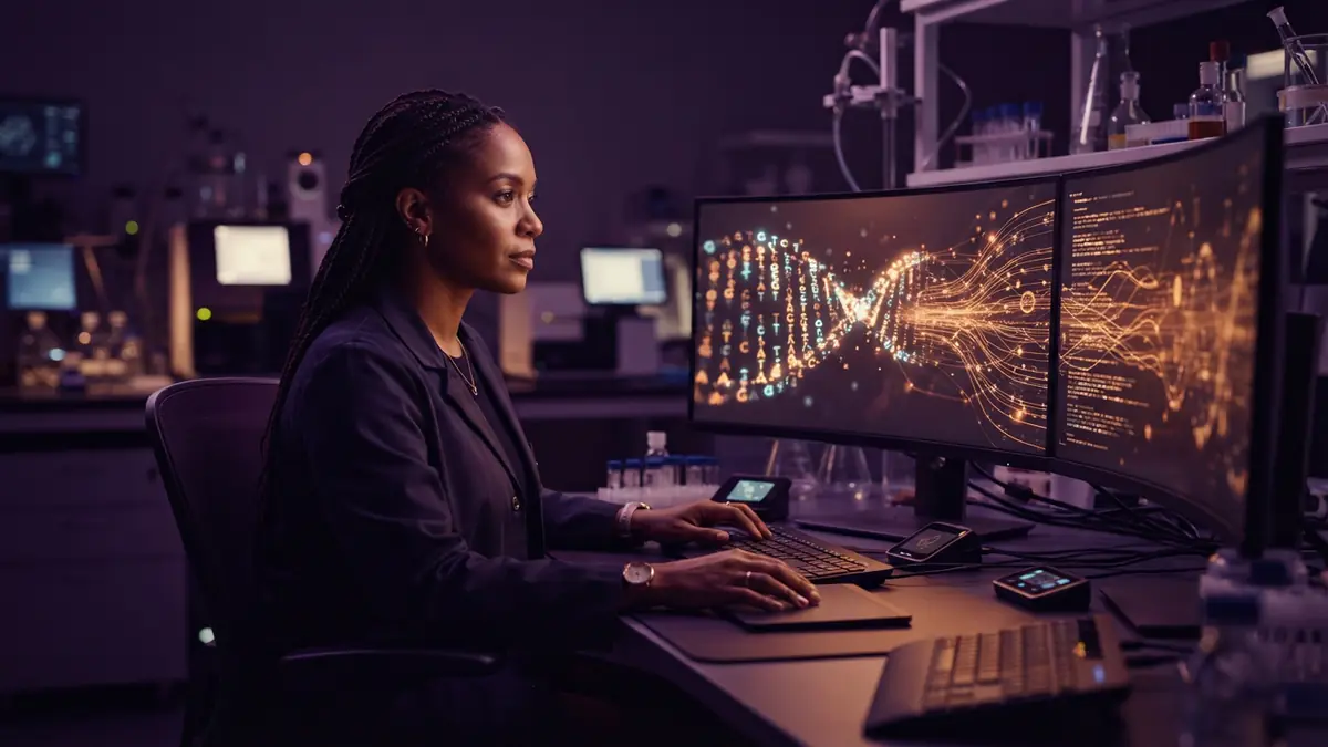 Illustration of a computational genomics laboratory with digital representations of DNA sequences