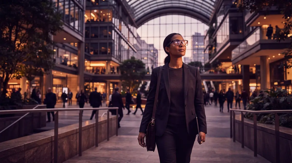 A person using smart glasses for low-latency visual queries outdoors
