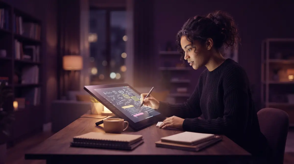 A student reviewing interactive digital coursework on a tablet computer