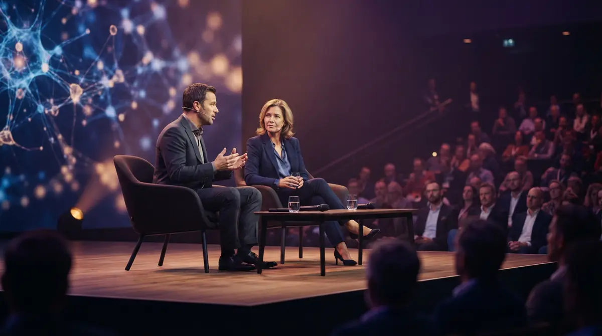 Illustration of a tech executive and a government official speaking on stage at an AI center.