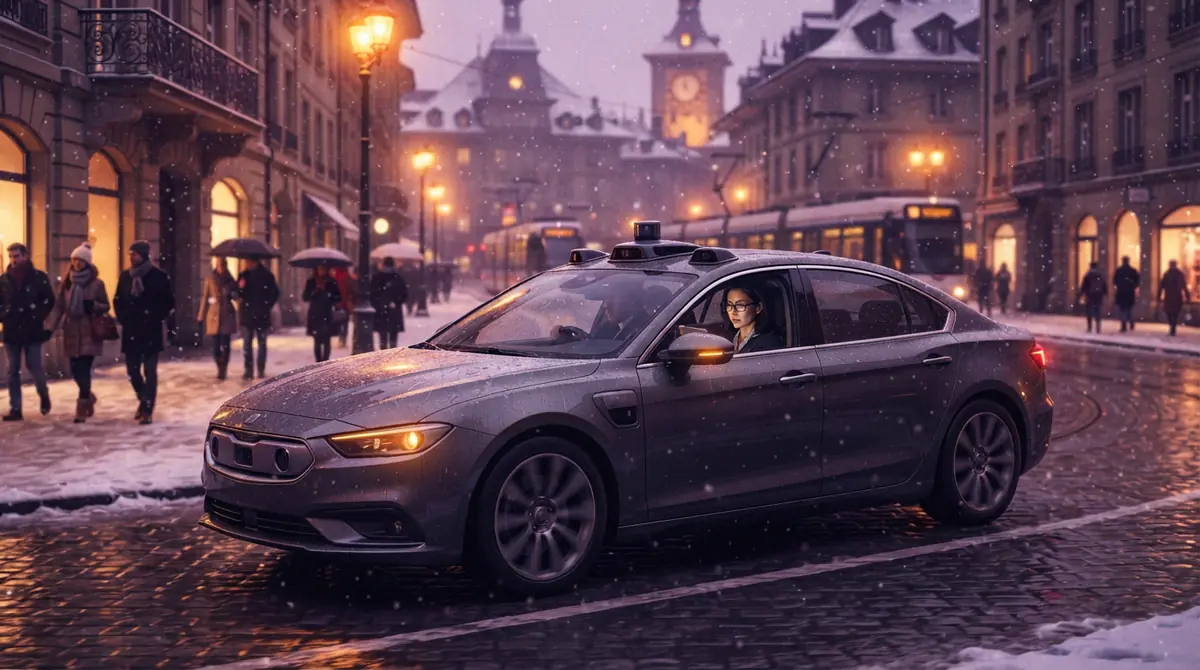 Conceptual illustration of an autonomous vehicle on a snowy urban street.