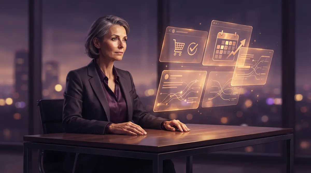 Conceptual digital illustration of an autonomous assistant managing daily tasks.