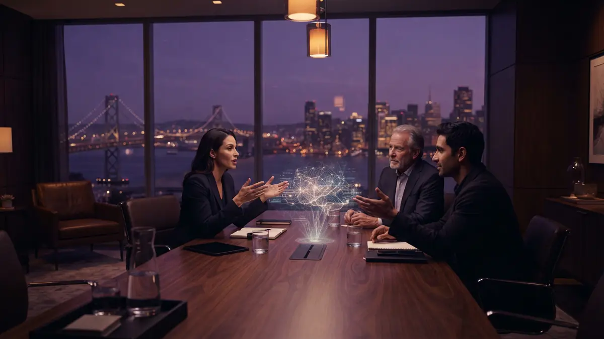 Venture capitalists and an entrepreneur meeting in a modern San Francisco conference room.
