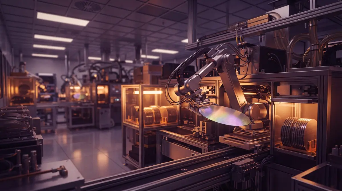 Illustration of cleanroom manufacturing showing silicon wafers on a production line