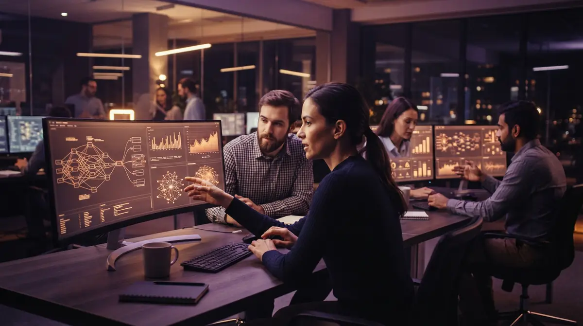 Illustration of data specialists working on computational modeling and financial algorithms
