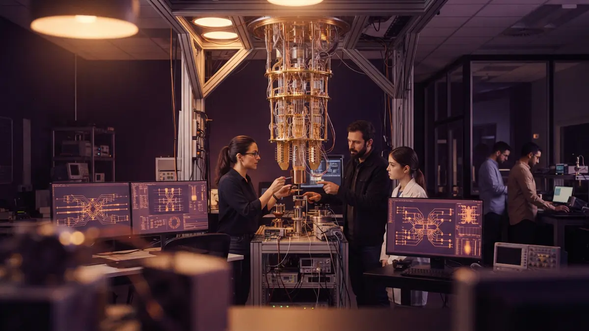 Illustration of researchers working around a quantum cryostat and computing hardware