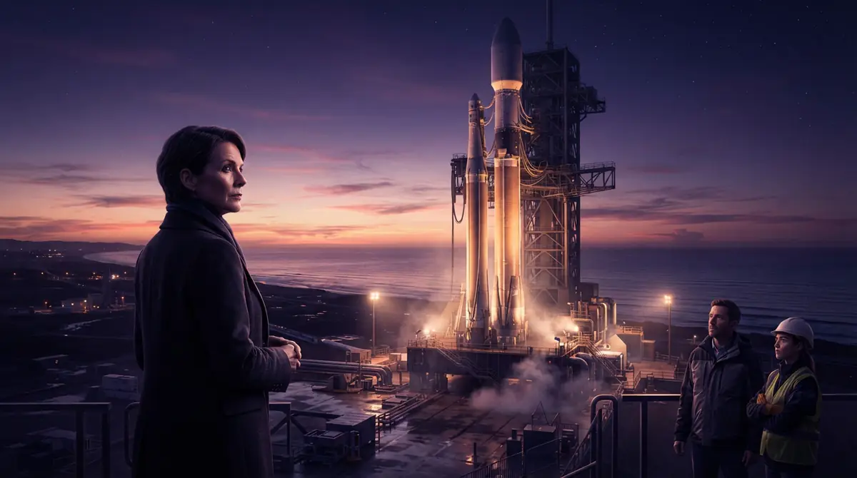Illustration of a space launch vehicle prepared on a launchpad at dawn