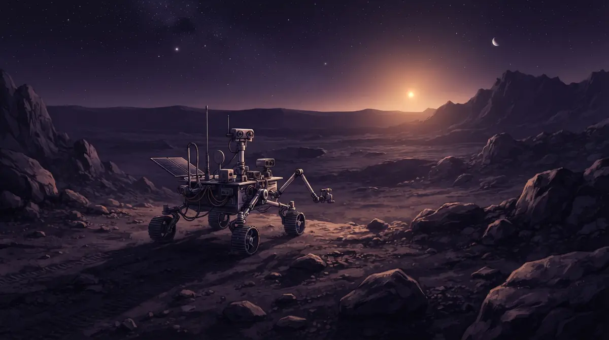 Illustration of a compact rover surveying the cratered surface of an asteroid-like moon