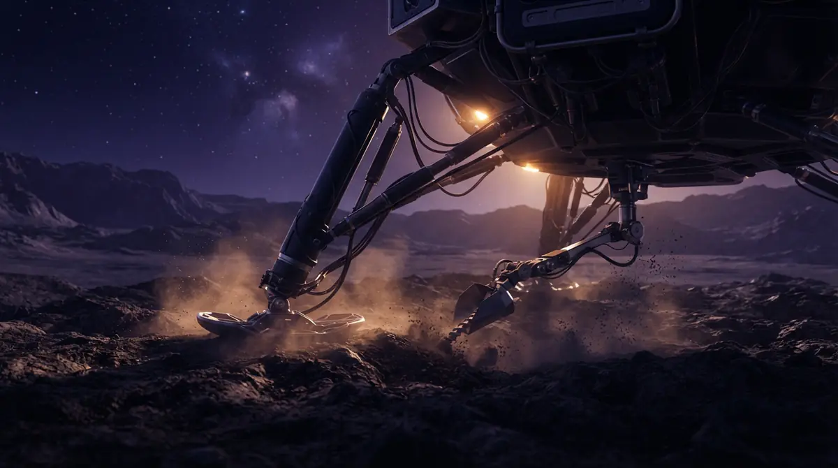 Illustration of a spacecraft sampling mechanism collecting regolith on a Martian moon