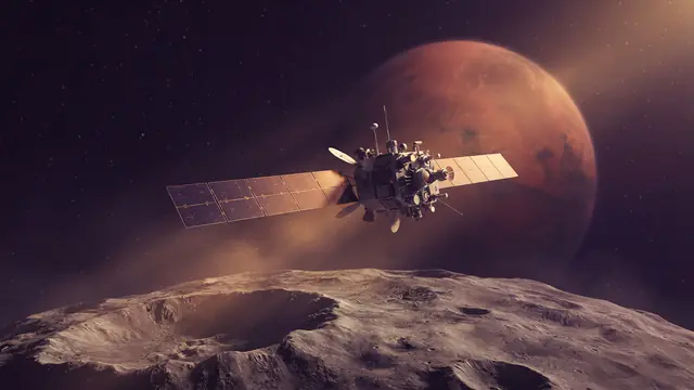 Illustration of the MMX spacecraft orbiting Mars' moon Phobos