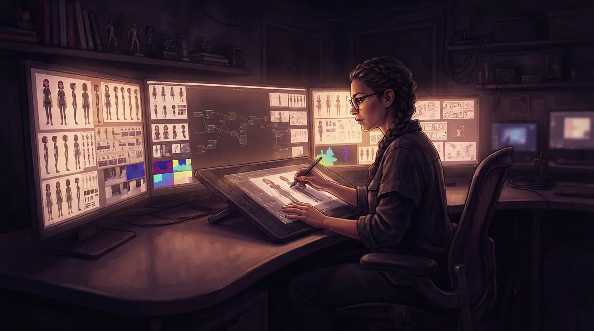 An illustration of digital storyboard frames, character reference sheets, and depth maps arrayed on an animator's workstation.