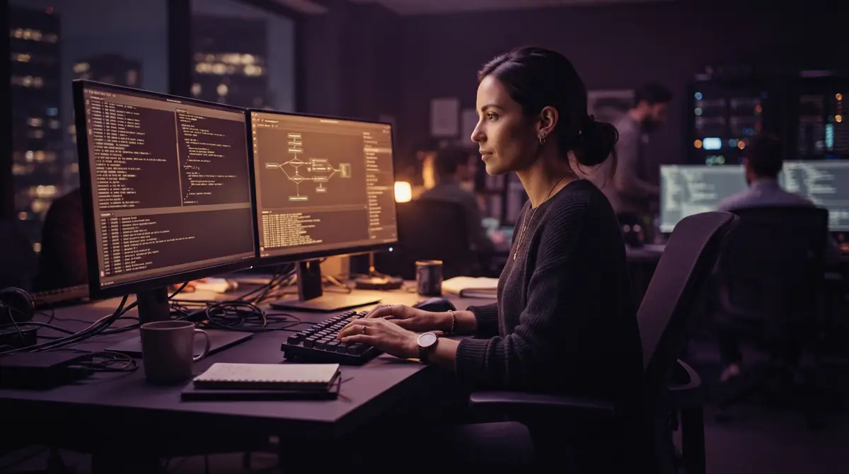 An illustration of a developer running terminal commands and automated media scripts across computer screens.