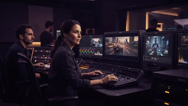 An illustration of a film studio editing bay displaying digital video footage across widescreen monitors.