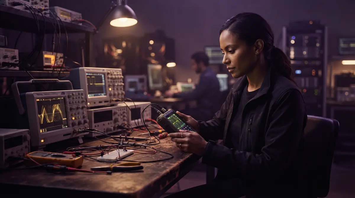 An engineer testing low-power AI hardware on a test bench