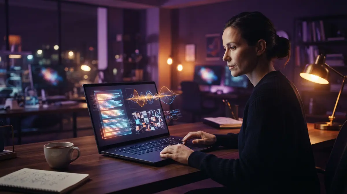 A laptop running simultaneous multimodal agent workflows