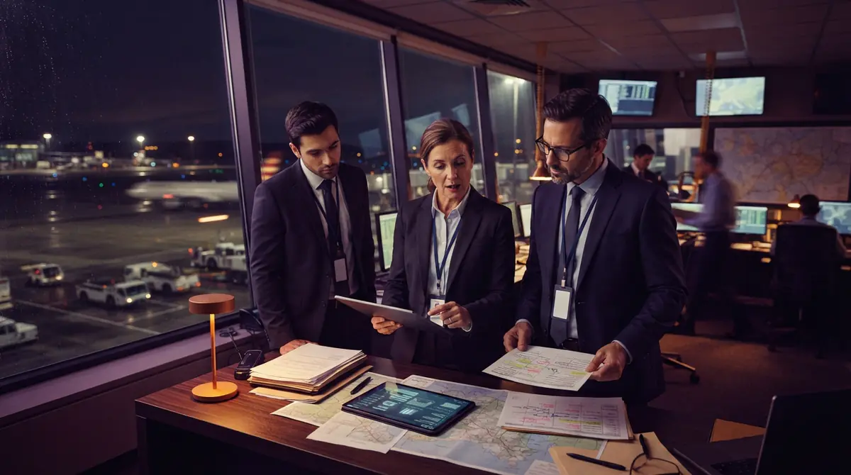 Trade compliance officials reviewing cargo paperwork and digital records at an airport