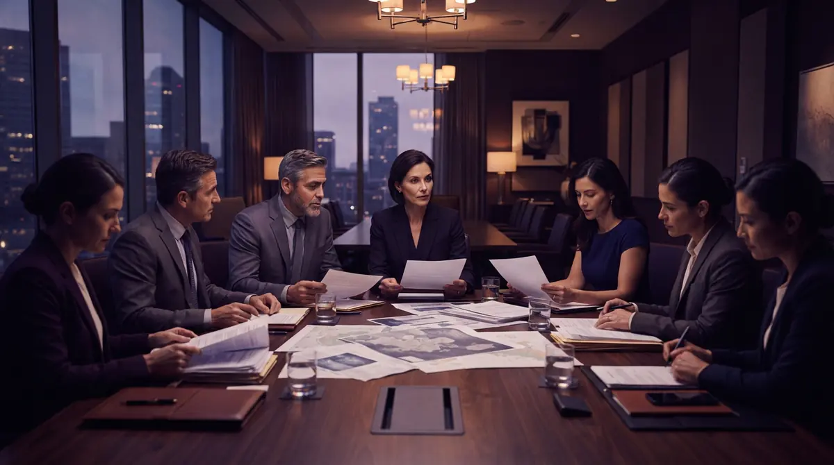 Officials reviewing cross-border legal and financial documents at a conference table.