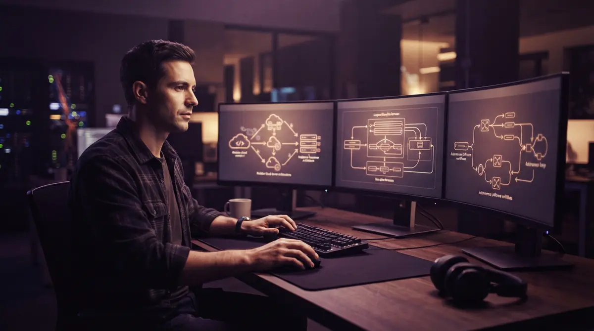 A software engineer analyzing architecture diagrams and server configurations across multiple screens.