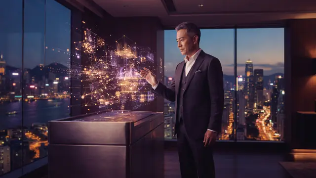 An executive examining digital network graphics inside an office overlooking a city skyline.