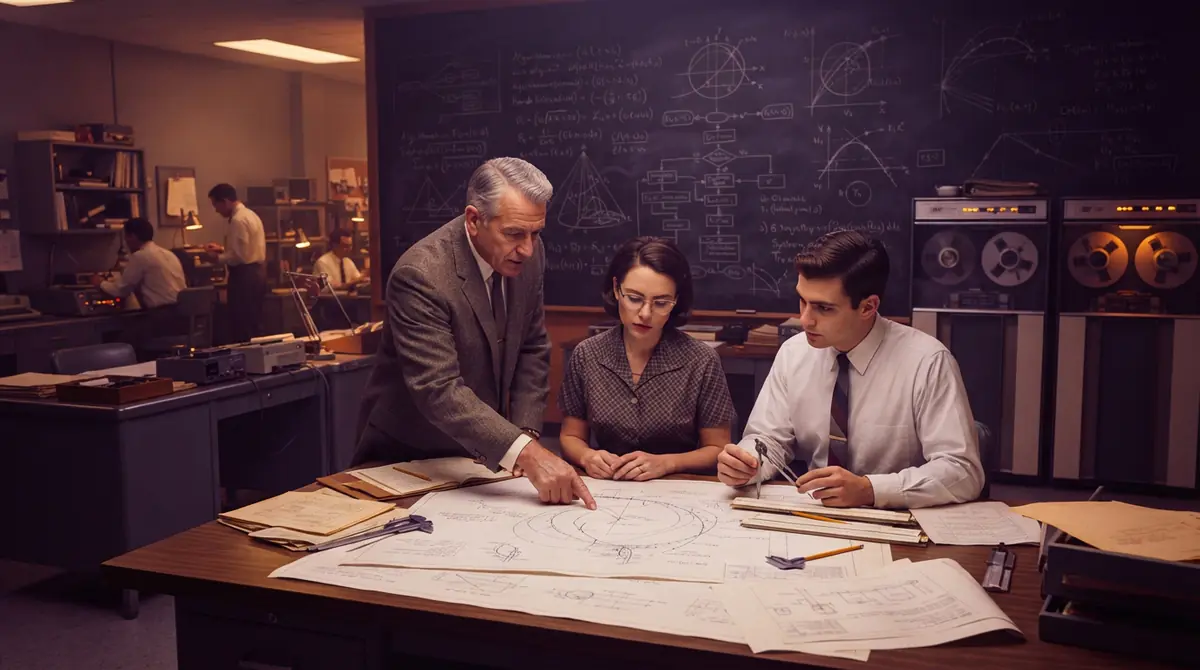 An illustration of mid-20th-century engineers collaborating on computer programming architectures in a laboratory.
