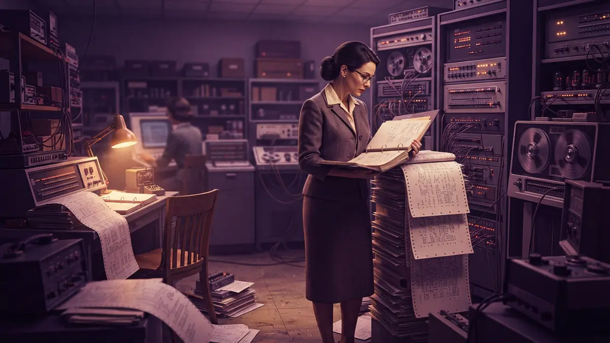An illustration representing a 1960s software engineer standing alongside towering stacks of printed code documentation in a computer laboratory.