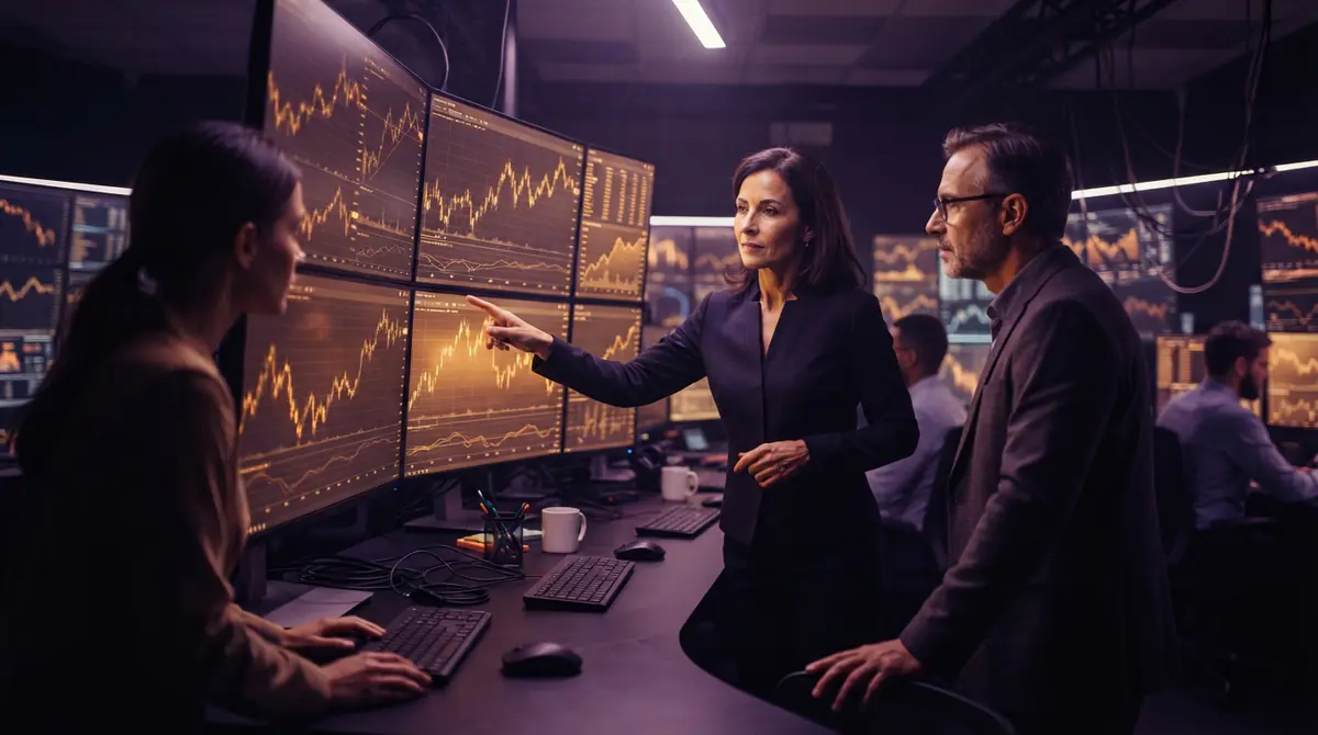 Financial analysts observing fluctuating stock charts and acquisition data across digital monitors