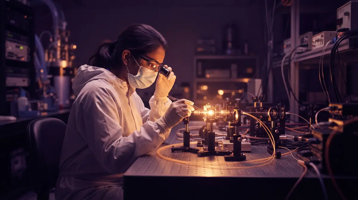 An engineer examining high-precision semiconductor laser components inside an optical hardware cleanroom