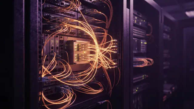 Glowing optical fiber cables and photonic components interconnected inside a server rack