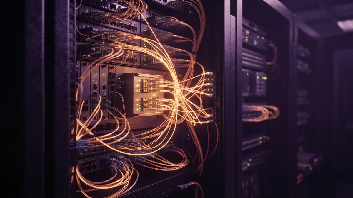 Glowing optical fiber cables and photonic components interconnected inside a server rack