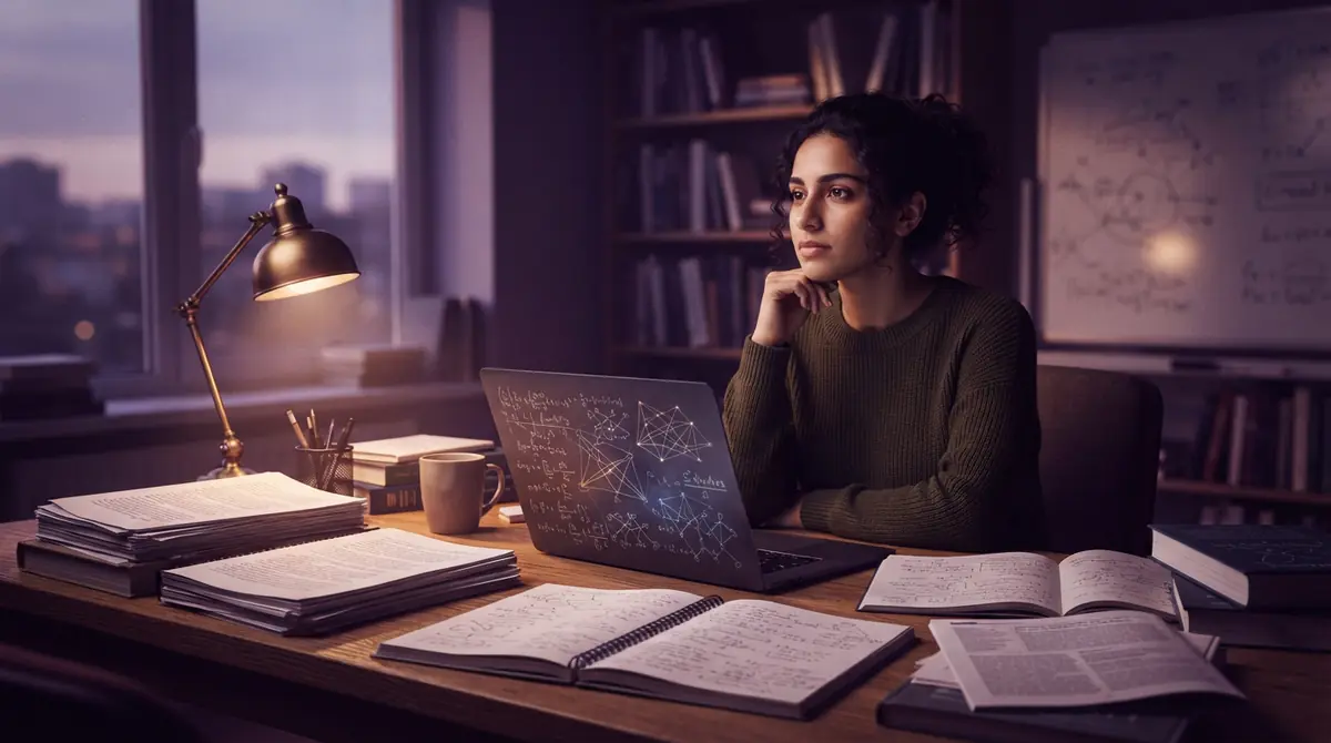 A graduate student sitting at a desk surrounded by research papers and a laptop in a university office.