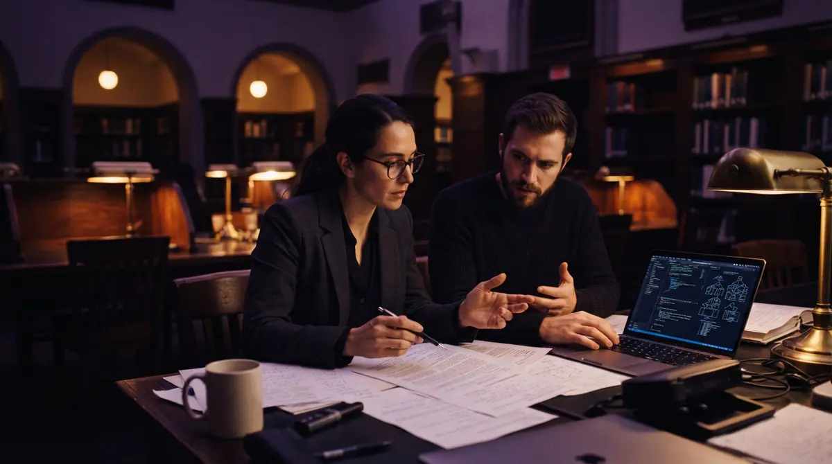 Two researchers in an academic library reviewing formal code scripts and printed mathematical manuscripts.