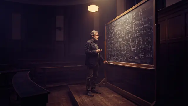 An academic professor standing alone before a large chalkboard covered in mathematical equations in a quiet lecture hall.