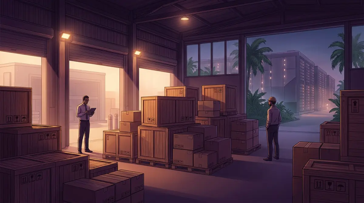 Illustration of unboxed server equipment and shipping containers inside a technology logistics warehouse.
