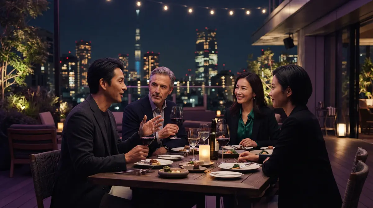 Illustration of technology executives speaking together at an evening dinner gathering in an Asian capital.