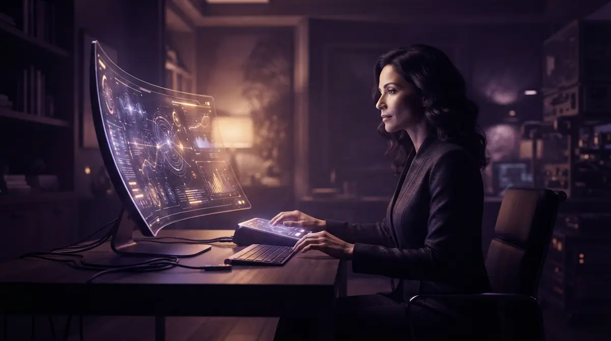 An abstract personal digital assistant communicating with a user at a glowing terminal