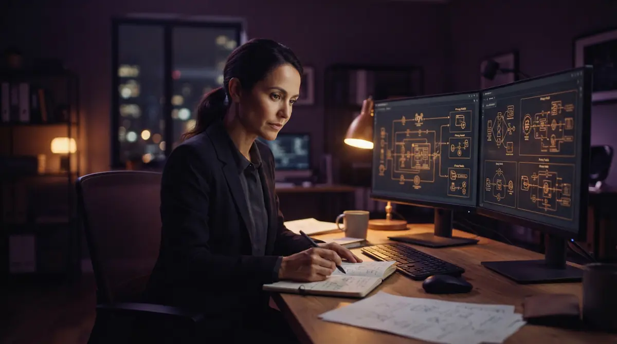 A policy researcher examining technical compliance charts and privacy diagrams