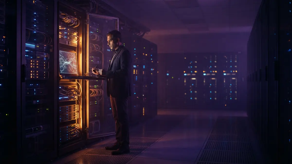 Glowing server racks inside a data center representing isolated virtual machine environments