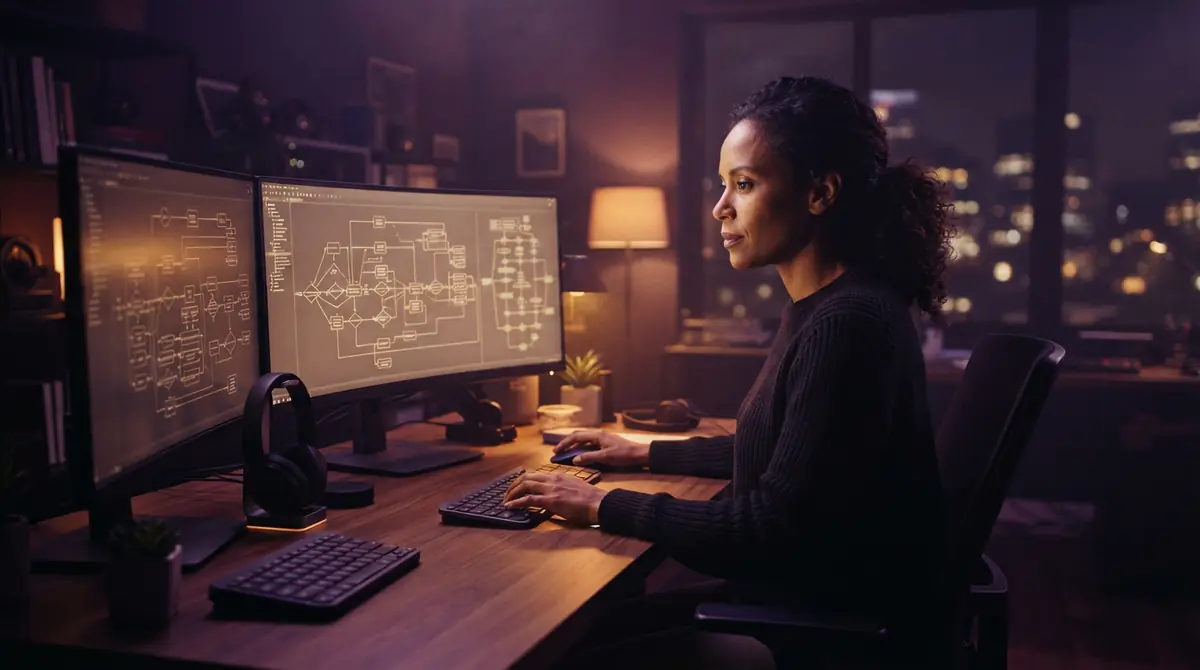 An illustration of a developer examining automated agent process diagrams on screen
