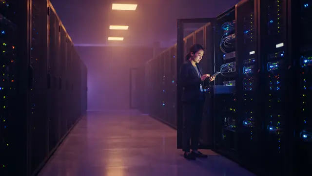 An illustration of server cabinets inside a modern computing facility