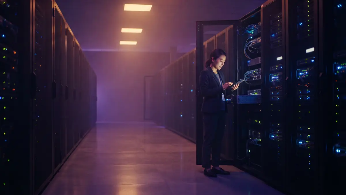 An illustration of server cabinets inside a modern computing facility