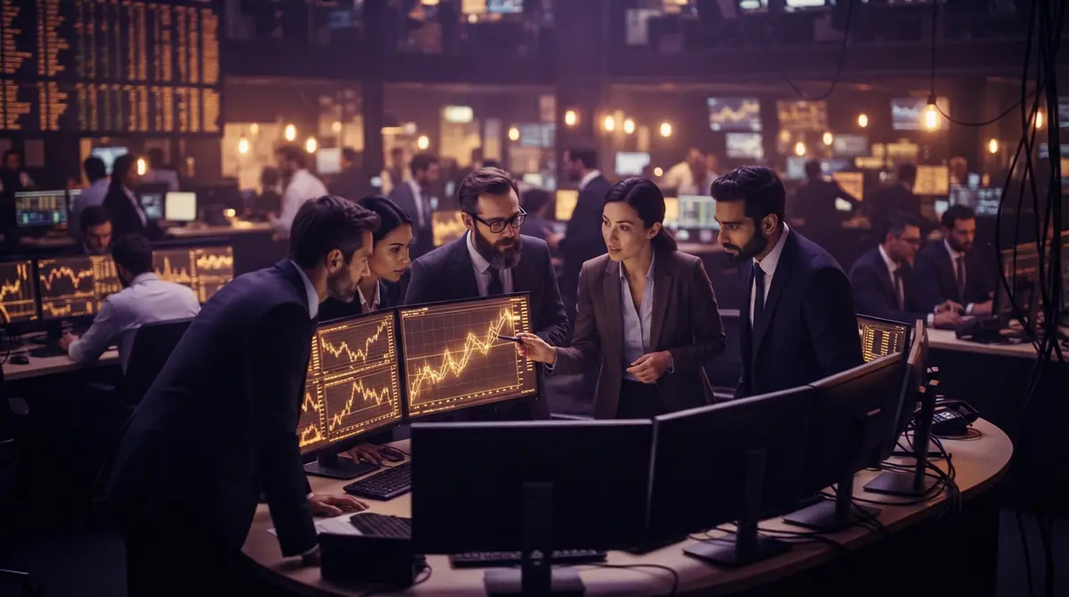 Illustration of financial analysts reviewing market figures and stock distribution agreements