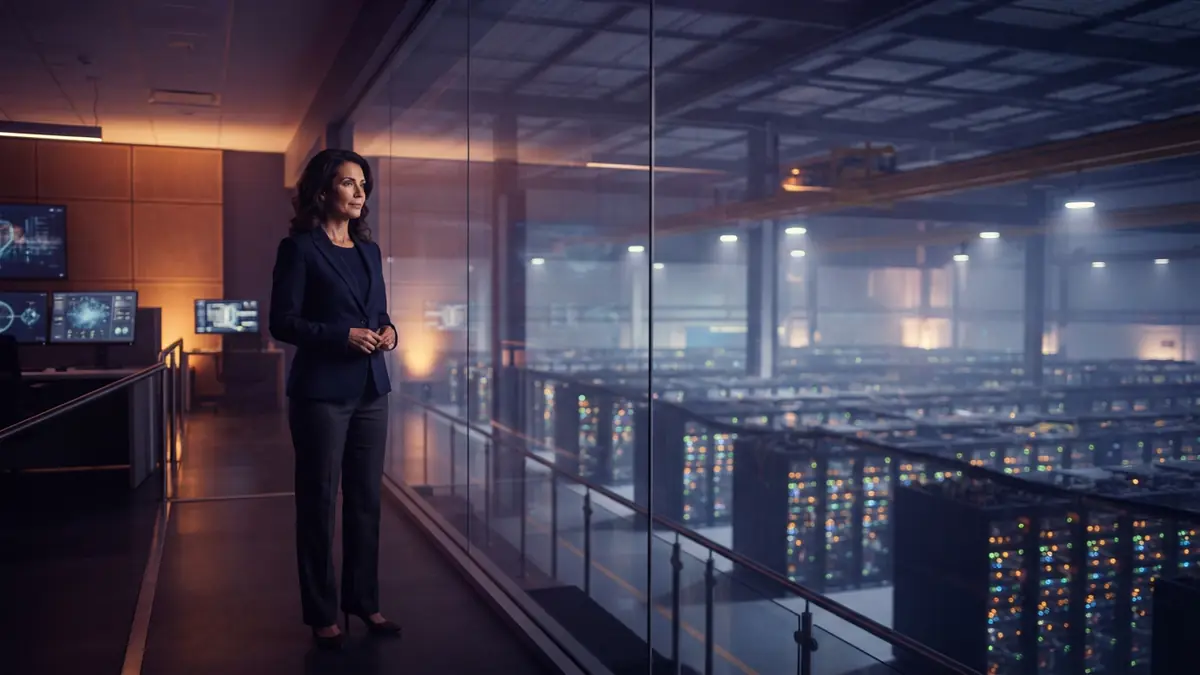 Illustration of a tech executive inside an operations center looking over an expansive modern data center facility