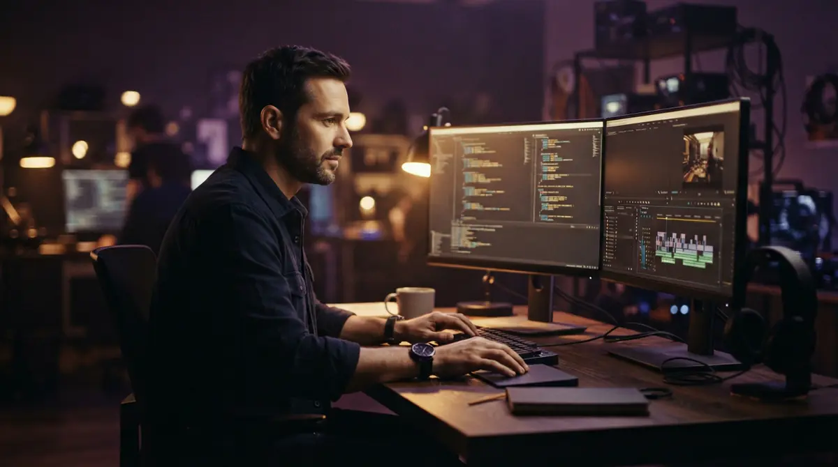 An engineer observing complex coding tasks and video editing operations on a multi-monitor display.