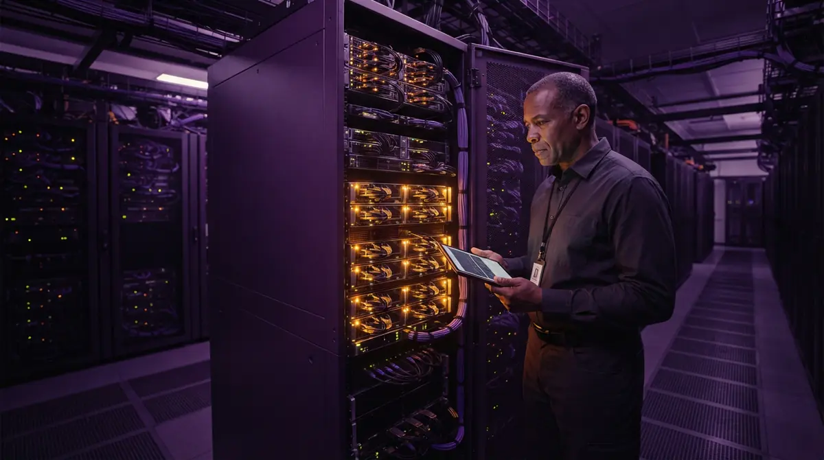 Enterprise computing server racks illuminated in a clean data center facility.