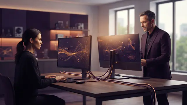 Two linked desktop workstations connected by high-bandwidth cables on an engineering desk.