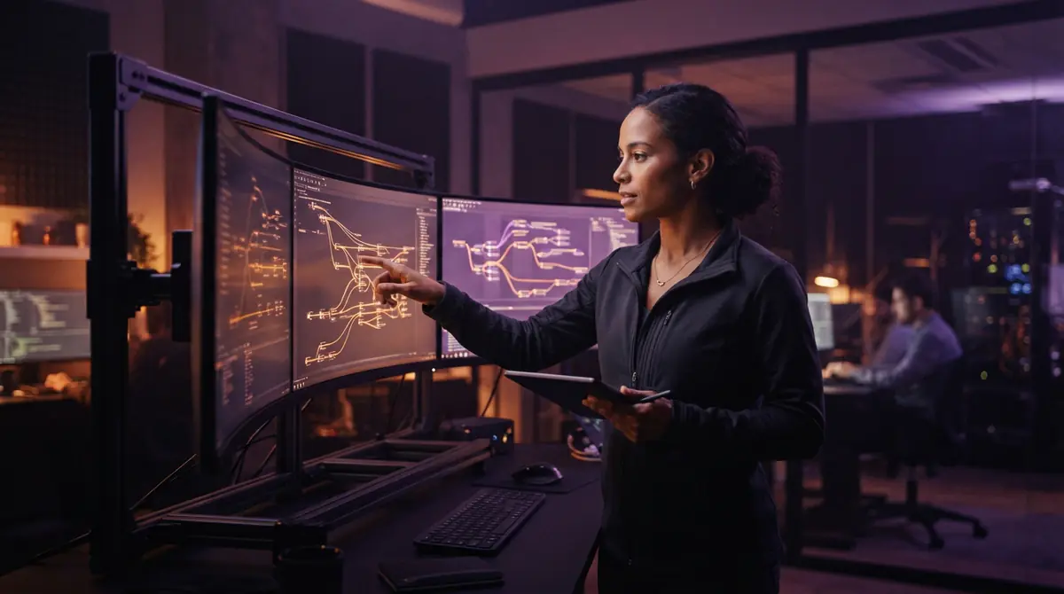 Illustration of a software engineer examining code and agent automation workflows across multiple monitors.